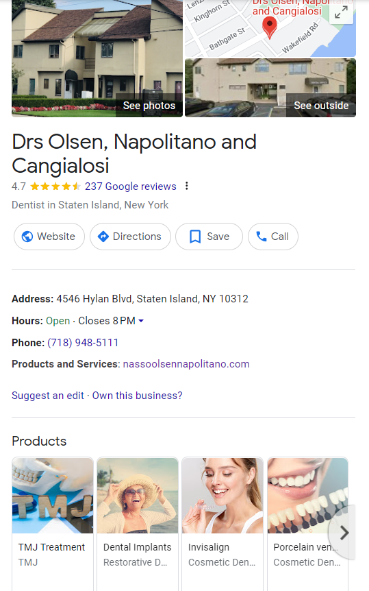 Dental Marketing Company Drs. Olsen, Napolitano, and Cangialosi Google listing